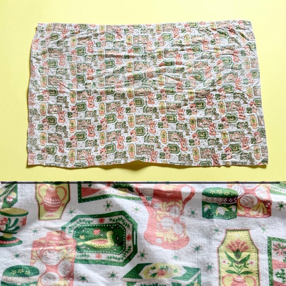 VTG MCM White Yellow Range Green Floral 64" x 40.25" Fabric Curtain White Lining